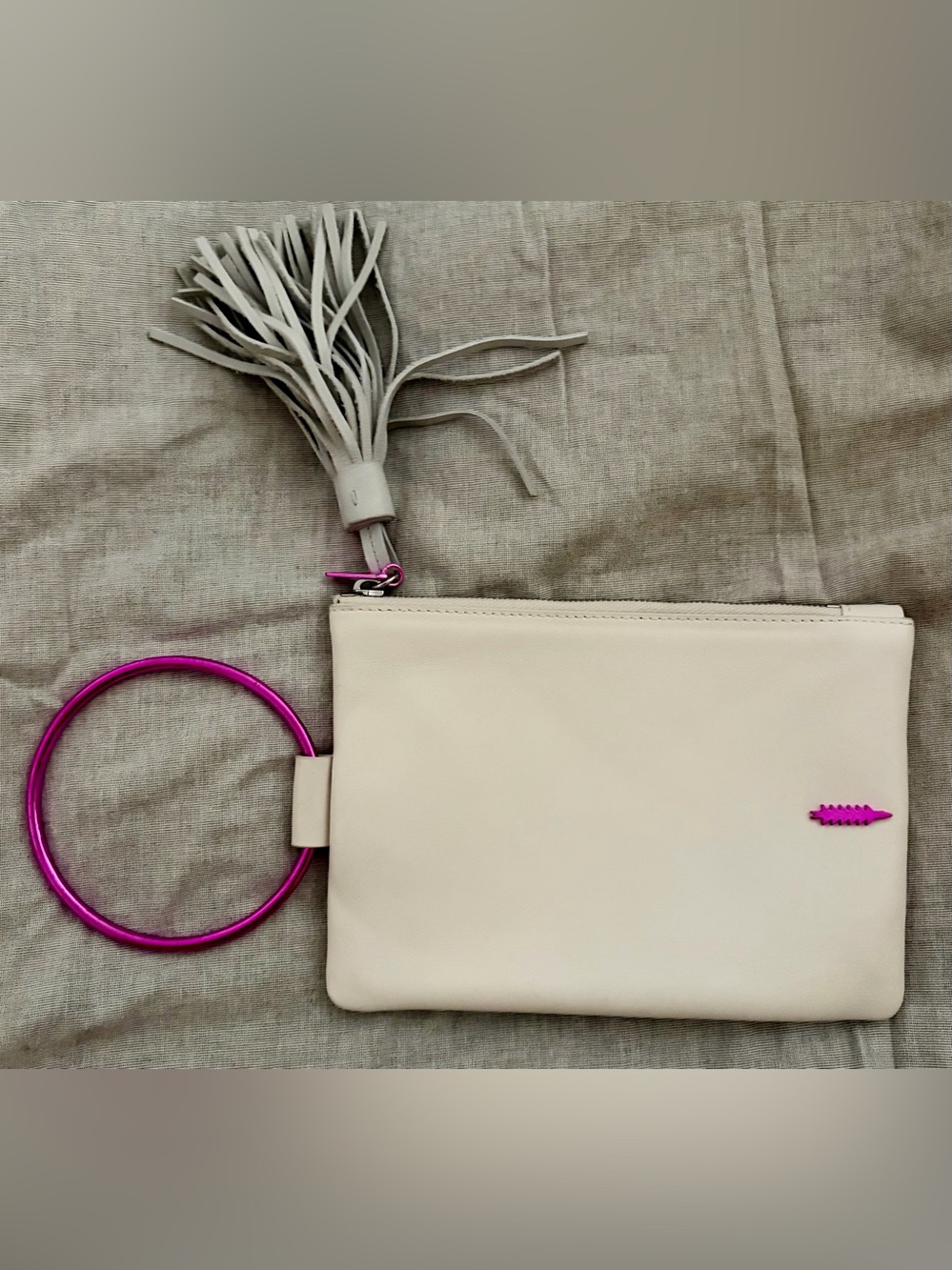 White wristlet LeatherClutch with Pink Metallic Ring and Tassel - Thacker Nolita